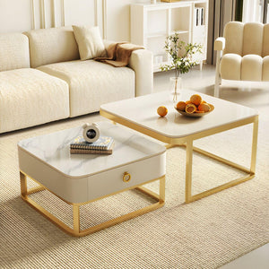 EXPRESSOW ENTERPRISES Metal Frame 20X20 Square Set of 2 Coffee Tables, Stacking Center Tables with Minimalist Marbles Look and Storage Drawer for Living Room Bedroom or Apartments (Golden)