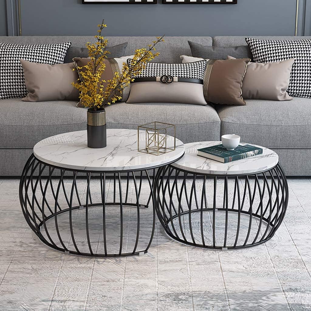 CRAFT DECOR Iron Frame Handmade Drum Coffee/Nesting Table/Side Table/Center Table with Wooden MDF Top for Living Room/Drawing Room(Set of 2)