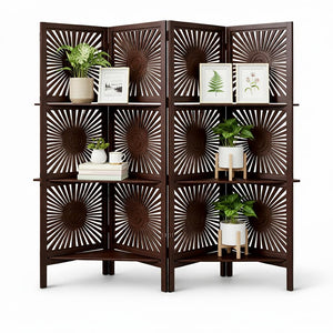 Wooden Room Divider 6 Feet, 4-Panel Folding Wooden Partition for Living Room, Office, Pooja Room, Restaurant, Kitchen & Balcony (2W x 1.82H Meters). (White-Cone Pattern)