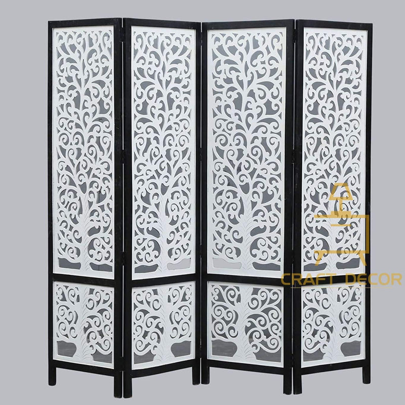 CRAFT DECOR Wooden Partition Screen Separator || Room Divider Traditional Handicrafts 4 Panels for Living Room, Bedroom, Office and Restaurant (Black & White)