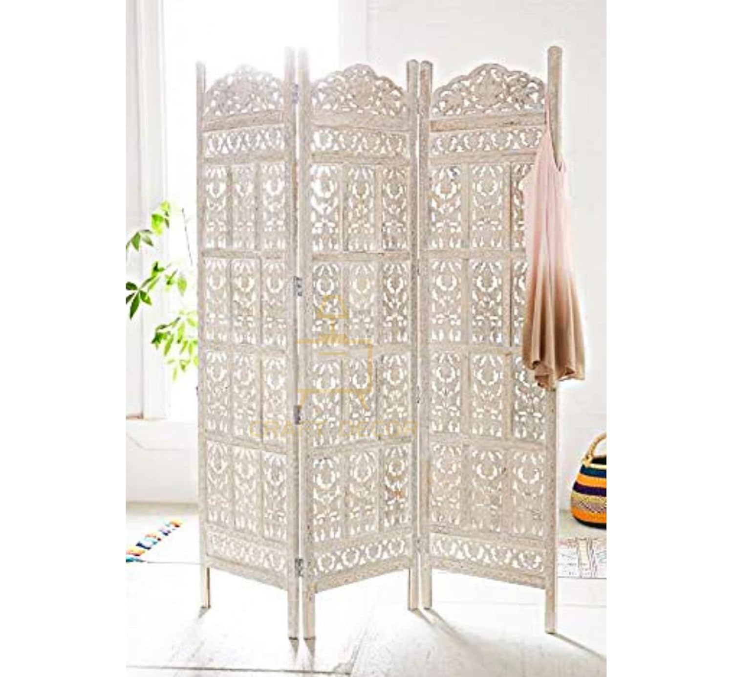 CRAFT DECOR Wooden Partition for Living Rooms, Wood Screen Separators, Wooden Room Wall Dividers 3 Wall Panels, Folding Screen for Living Rooms/Bedroom/Office/Restaurant/Pooja (White)