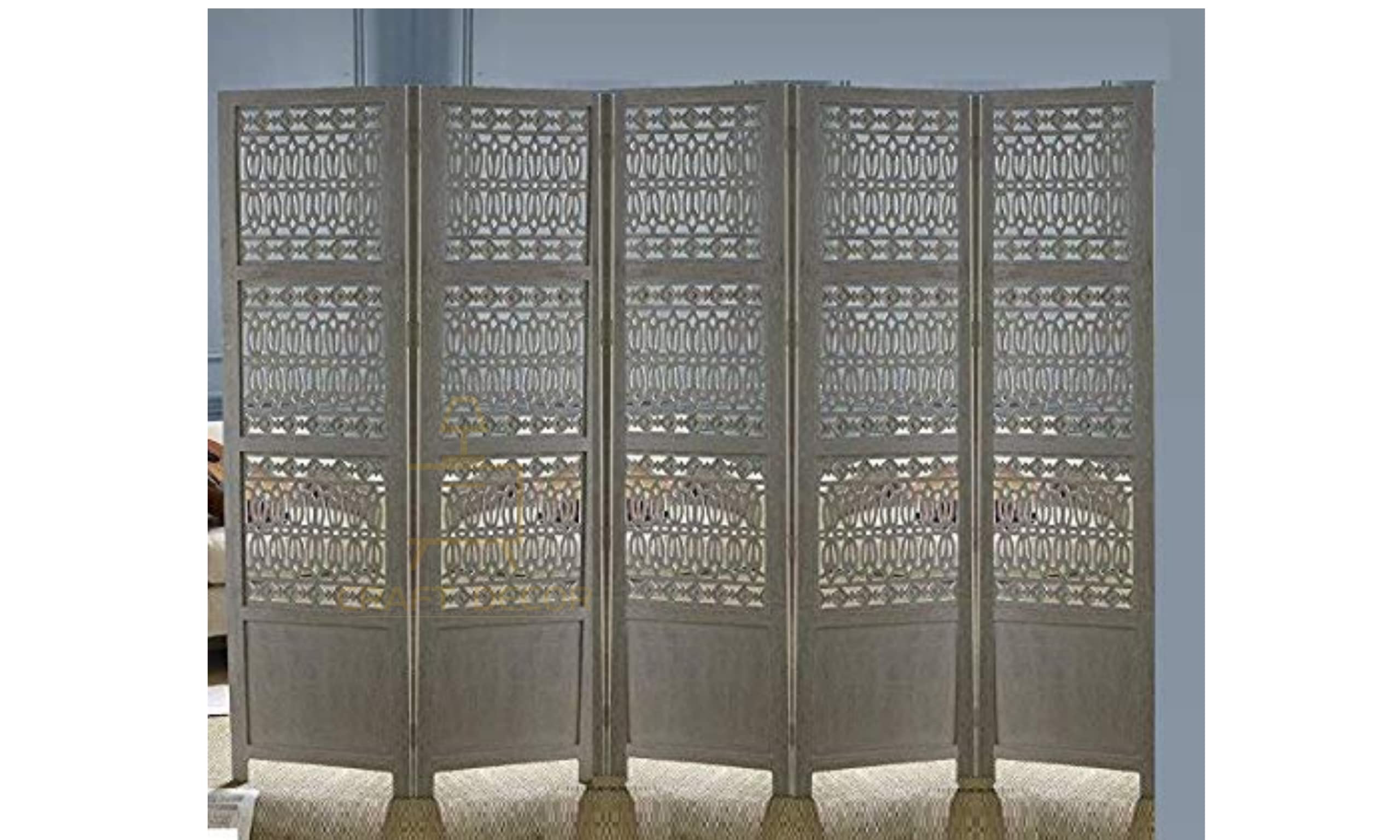 CRAFT DECOR Wooden Partition for Living Room, Wood Screen Separators, Wooden Rooms Wall Dividers 5 Wall Panel, Folding Screen for Living Room/Bedroom/Office/Restaurant/Pooja (Grey)