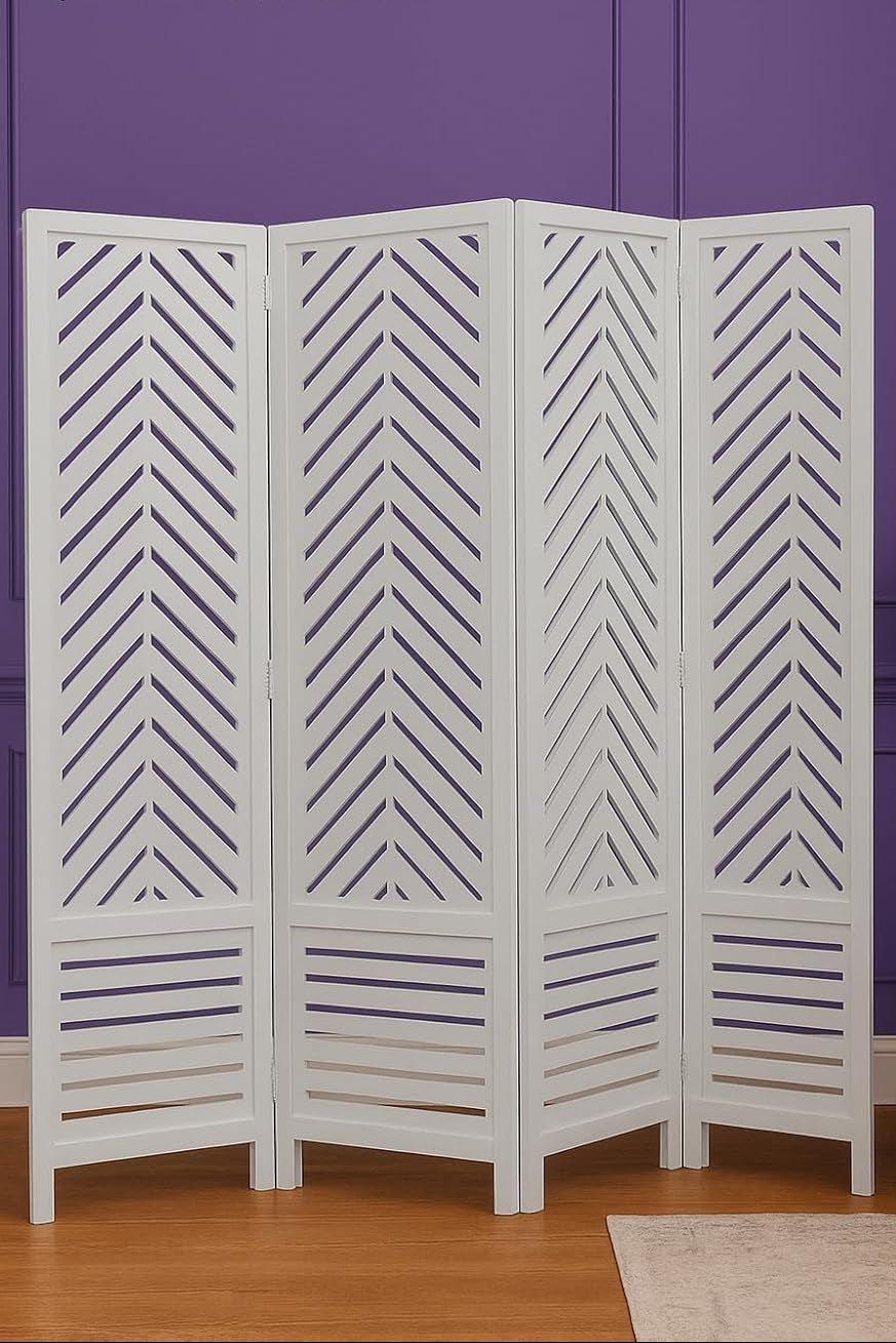 Wooden Room Divider 6 Feet, 4-Panel Folding Wooden Partition for Living Room, Office, Pooja Room, Restaurant, Kitchen & Balcony (2W x 1.82H Meters). (White-Cone Pattern)