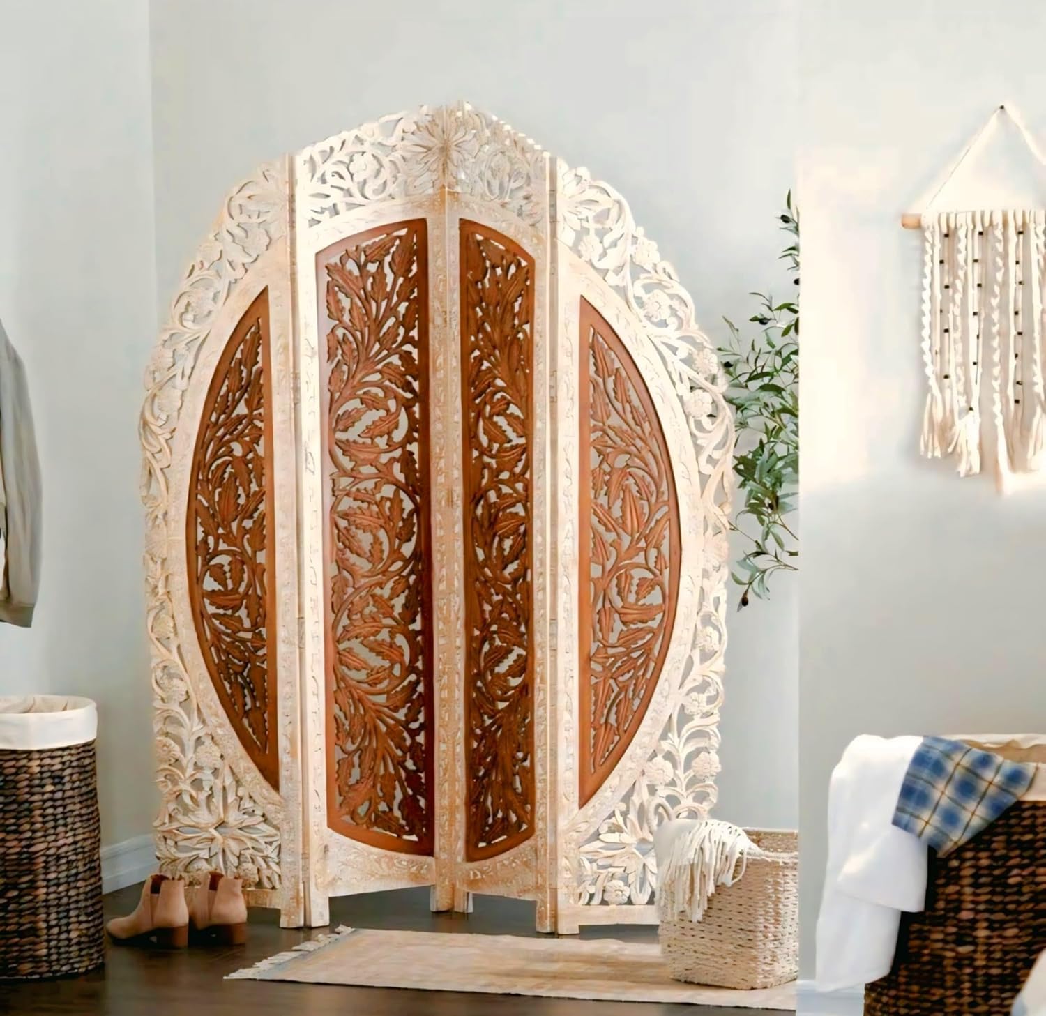 Wooden Room Divider 6 Feet, 4-Panel Folding Wooden Partition for Living Room, Office, Pooja Room, Restaurant, Kitchen & Balcony (2W x 1.82H Meters). (White-Cone Pattern)