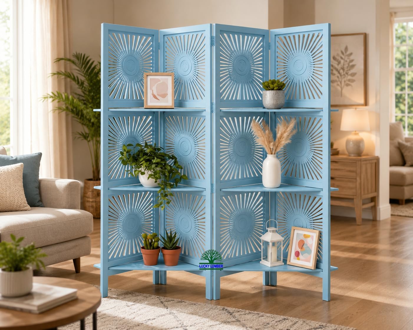 Wooden Room Divider Partition with Display Shelves for Living Room