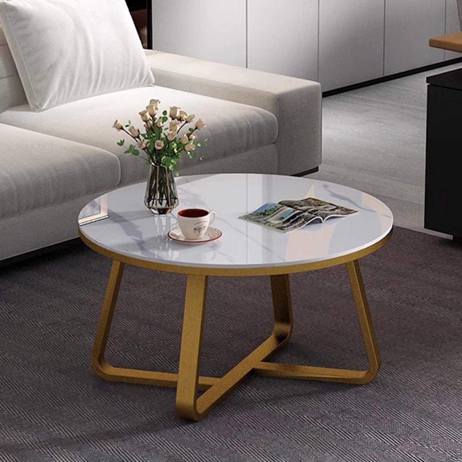 Coffee Table Round Tea Table Contemporary Multifunctional Centre Table for Living Room, Bedroom or Apartment with Sturdy Metal Frame (Gold White)