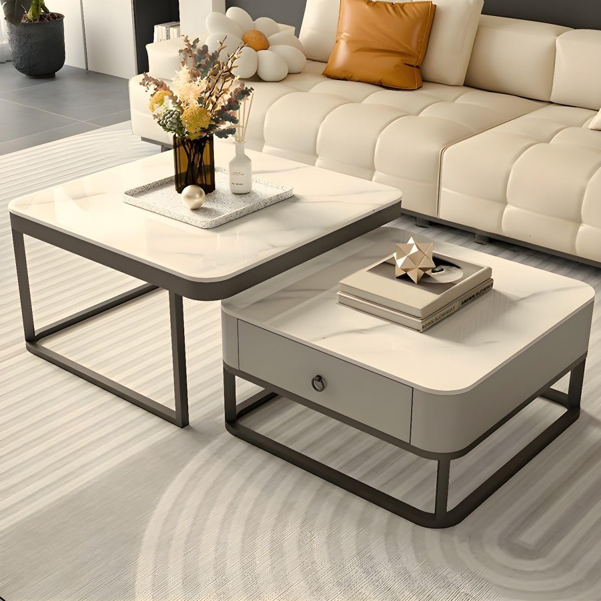 CRAFT DECOR Metal Frame 20X20 Square Set of 2 Coffee Tables, Stacking Center Tables with Minimalist Marbles Look and Storage Drawer for Living Room / Offices / Restaurant