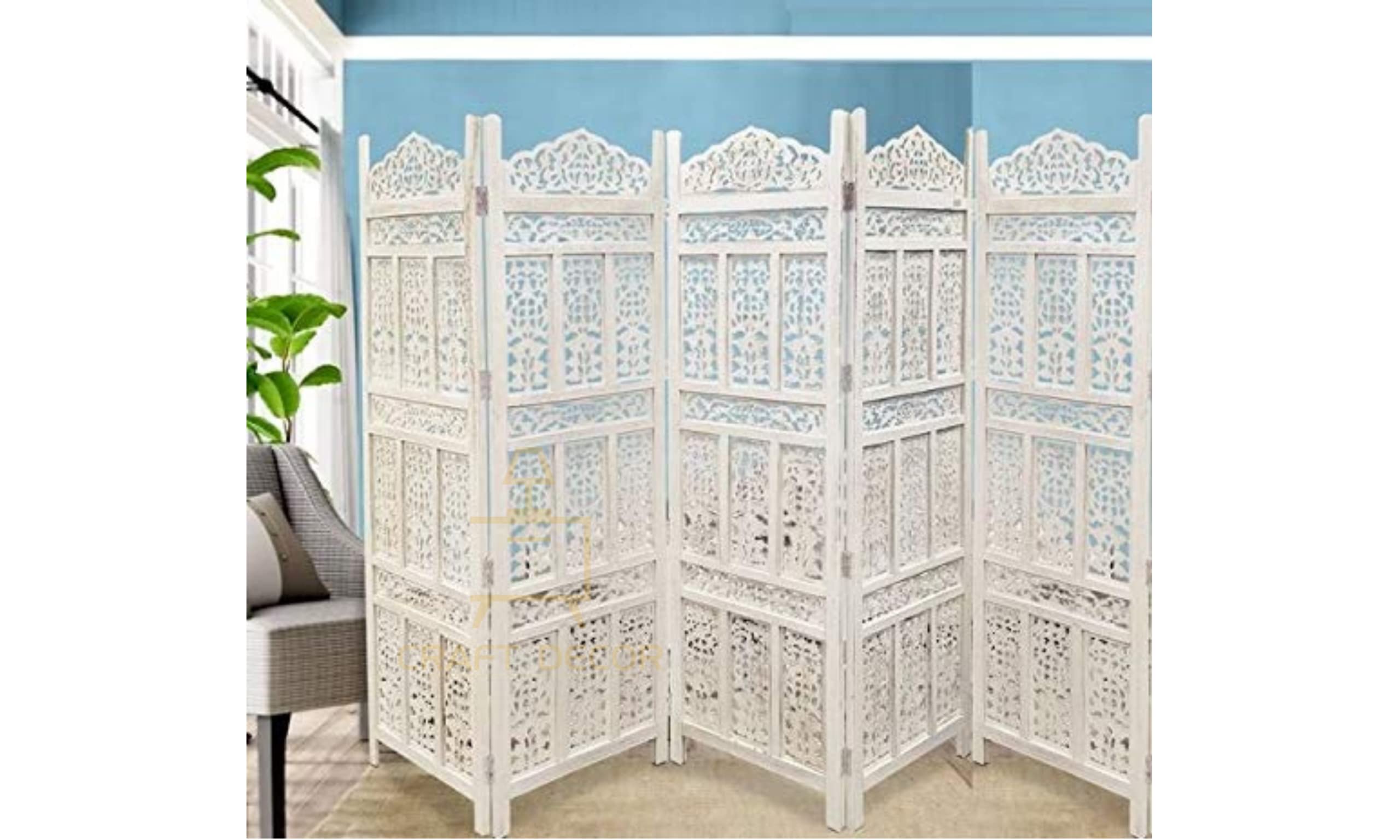 CRAFT DECOR Wooden Partition for Living Rooms, Wood Screen Separator, Wooden Rooms Wall Dividers 5 Wall Panel, Folding Screen for Living Room/Bedroom/Office/Restaurant/Pooja (White)