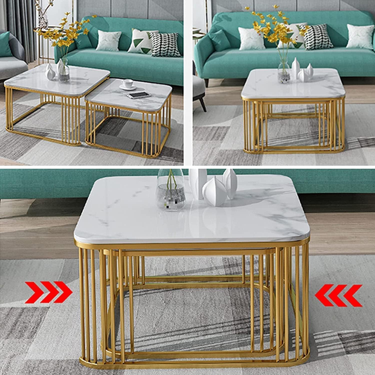 Elegant Iron Frame Handmade Square 20"x20" Coffee Table Set of 2 Piece, Marble Look Nesting Table/Side Table/Center Table for Living Room/Drawing Room/Balcony (Black & Grey)
