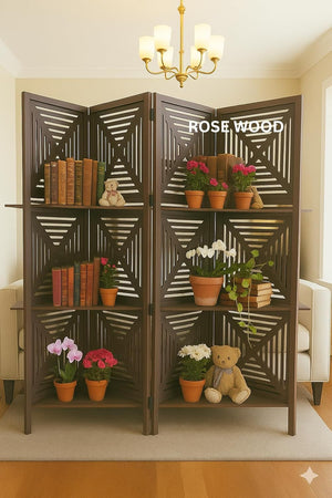 Wooden Room Divider 6 Feet, 4-Panel Folding Wooden Partition for Living Room, Office, Pooja Room, Restaurant, Kitchen & Balcony (2W x 1.82H Meters). (White-Cone Pattern)