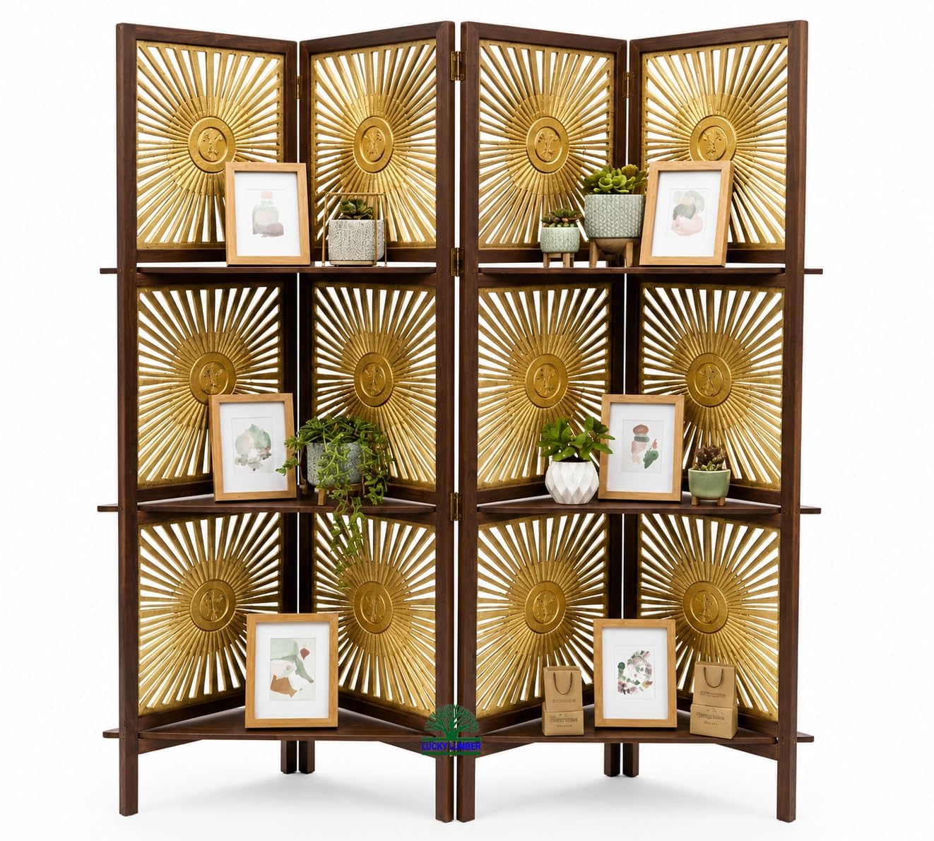 Wooden Room Divider Partition with Display Shelves for Living Room