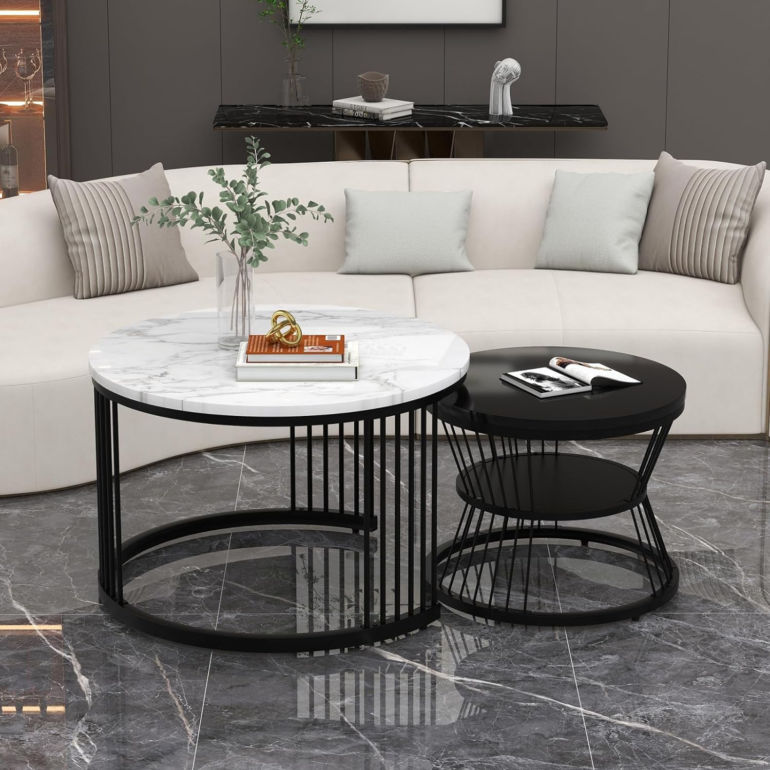 NEST NATURE HAVEN Round Coffee Table, Modern Nestings Table Set of 2, Sofa Side Table with Marble Veneer Top and Metal Frame, End Table for Living Room Bedroom Home or Office (Black White)