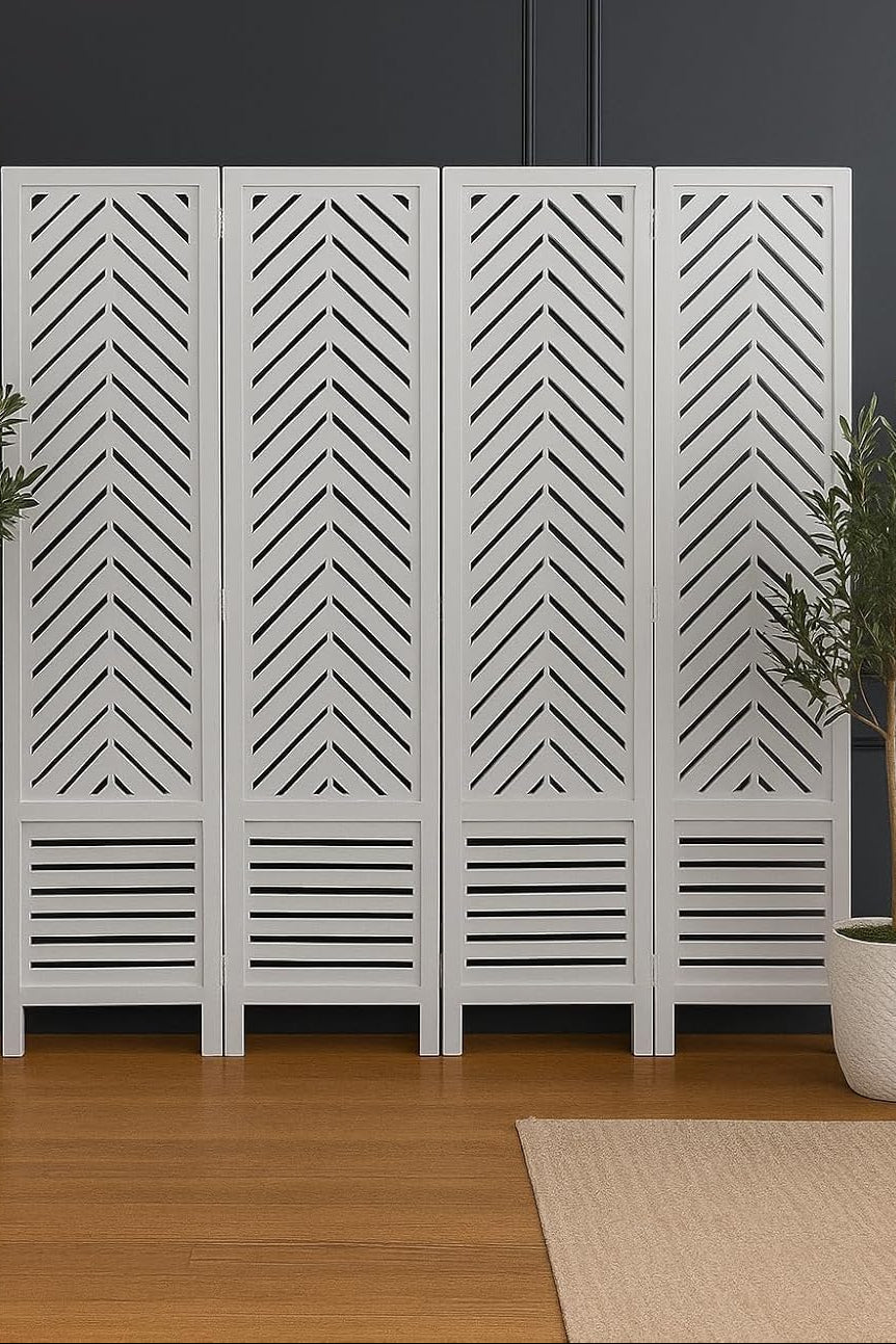 Wooden Room Divider 6 Feet, 4-Panel Folding Wooden Partition for Living Room, Office, Pooja Room, Restaurant, Kitchen & Balcony (2W x 1.82H Meters). (White-Cone Pattern)