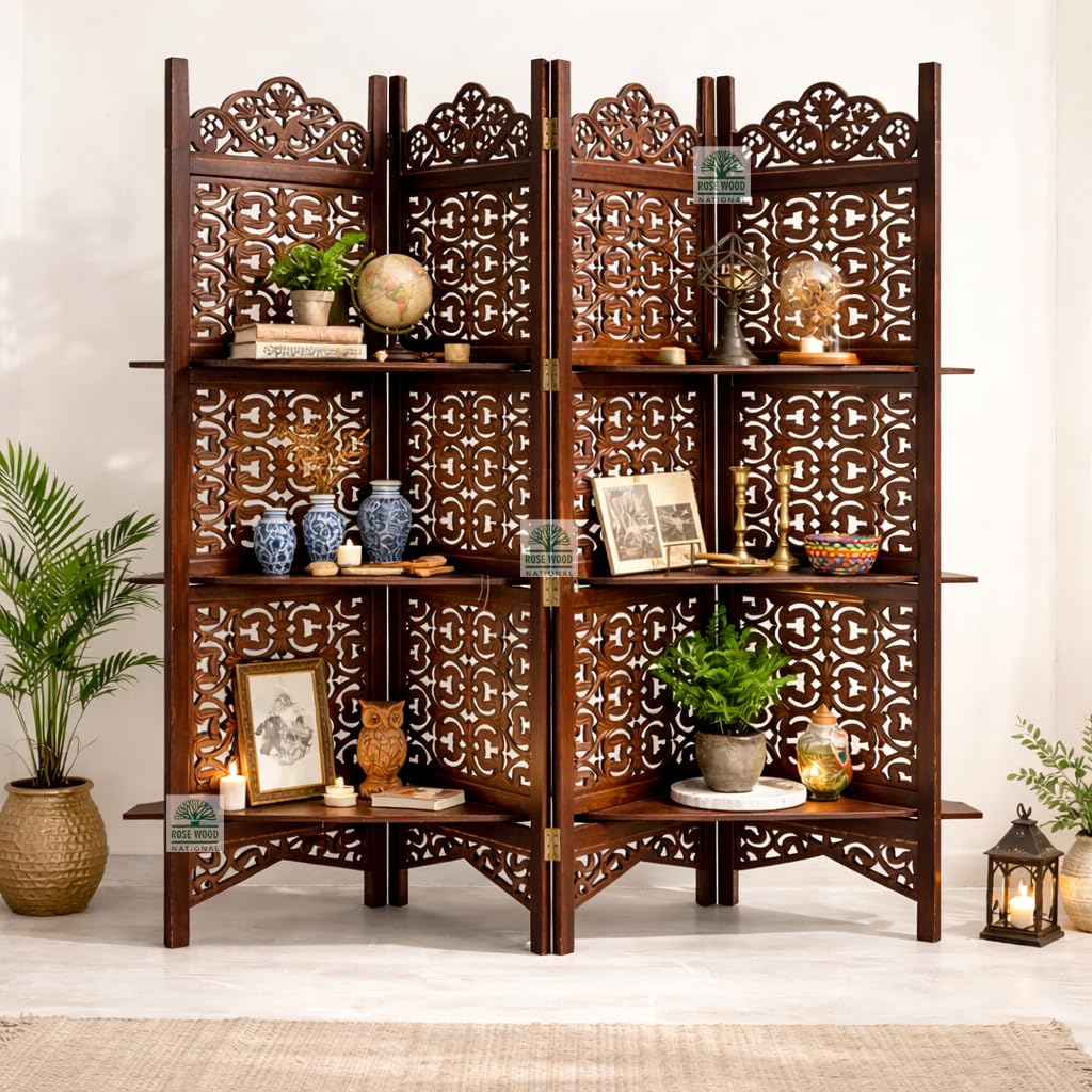 Wooden Room Divider Partition with Display Shelves for Living Room