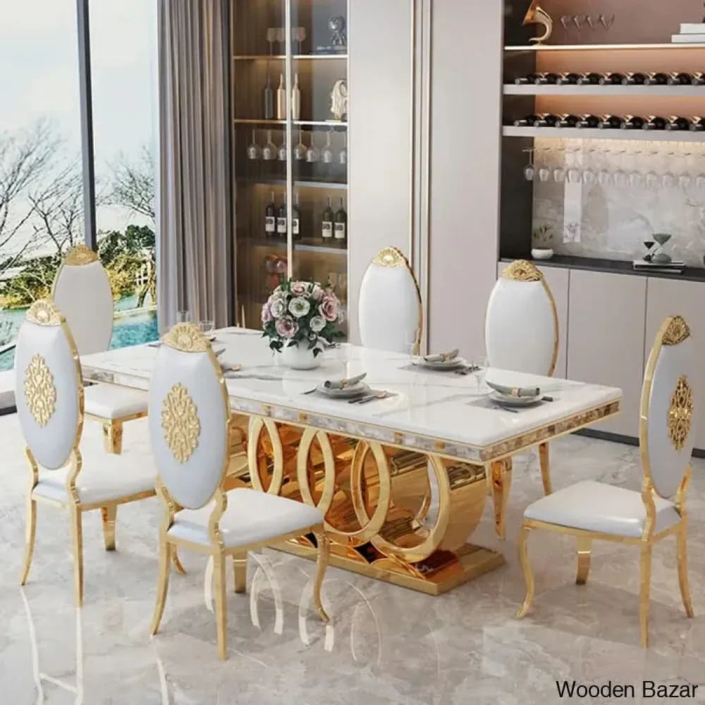 8 Seater Stylish Faux Marble Top Pedestal Dining Set 29.92’’H X 78.74’’L 35.43’’W