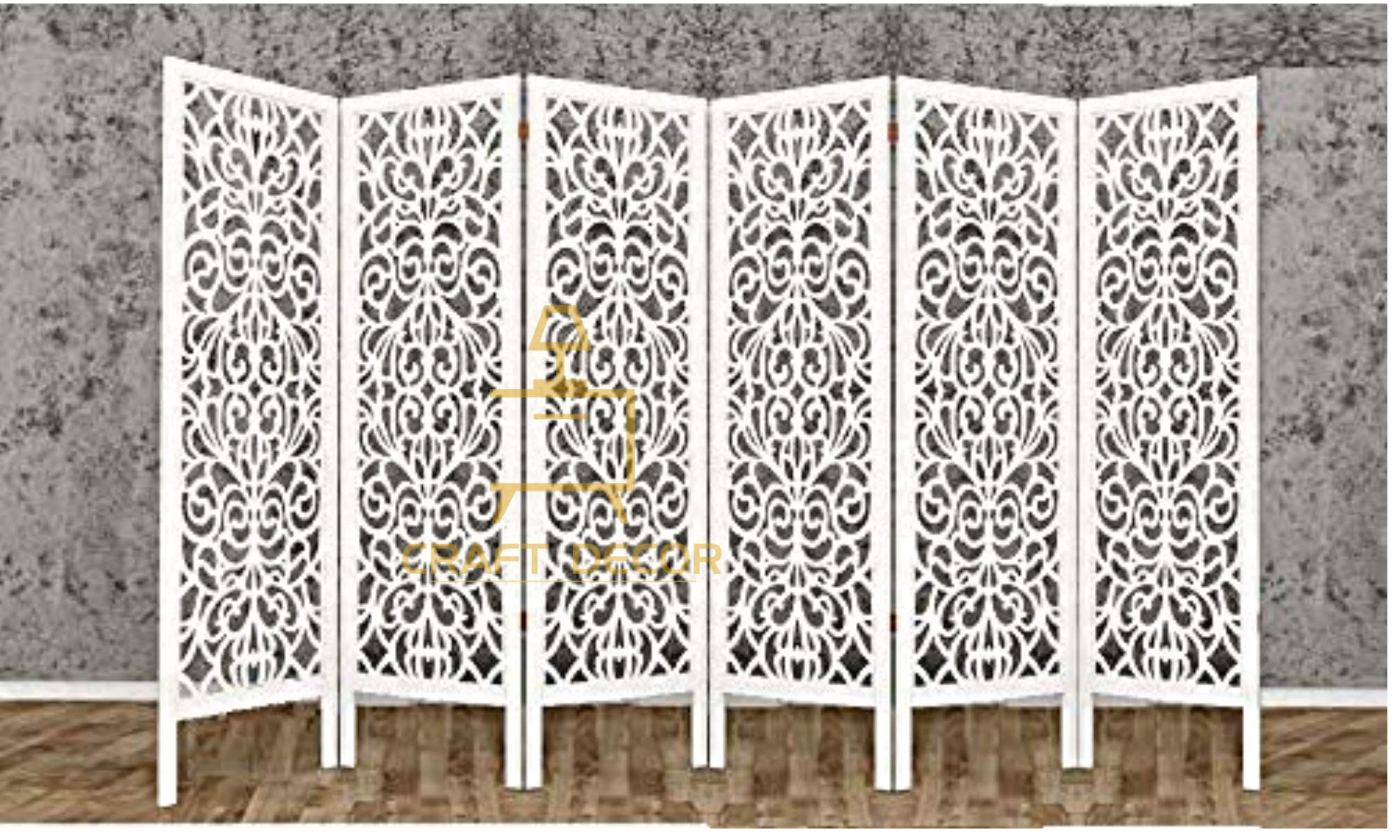 CRAFT DECOR Wooden Partition for Living Room, Wood Screen Separator, Wooden Room Wall Dividers 6 Wall Panels, Folding Screen for Living Room/Bedroom/Office/Restaurant/Pooja (White)