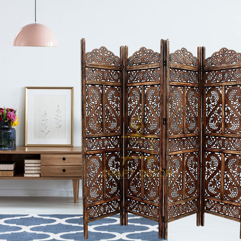 CRAFT DECOR Wooden Partition for Living Rooms, Wood Screen Separator, Wooden Rooms Wall Divider 4 Wall Panels, Folding Screen for Living Rooms/Bedroom/Office/Restaurant/Pooja Room