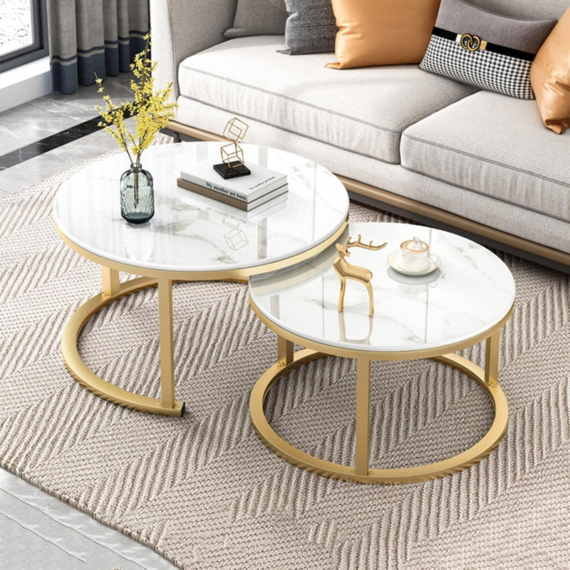 ETILAN Elegant Gold Metal Frame MDF Faux Marble top, Coffee Table Set 2 Piece, Stacking Nesting Center Table Glossy Stacking Tea Table Modernity to Any Living Room (White & Golden)