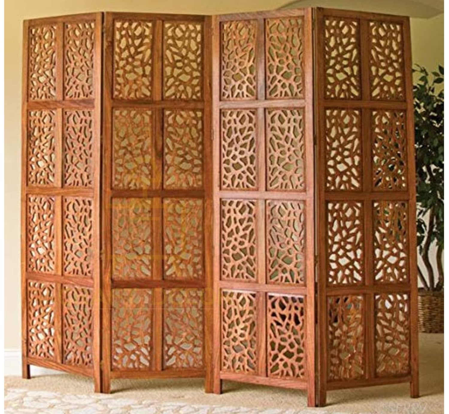 CRAFT DECOR Wooden Partition for Living Rooms, Wood Screen Separator, Wooden Room Wall Dividers 4 Wall Panel, Folding Screen for Living Rooms/Bedroom/Office/Restaurant/Pooja (Brown)