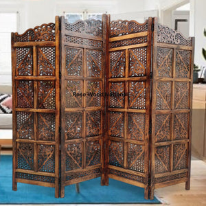 Wooden Room Divider 6 Feet, 4-Panel Folding Wooden Partition for Living Room, Office, Pooja Room, Restaurant, Kitchen & Balcony (2W x 1.82H Meters). (White-Cone Pattern)