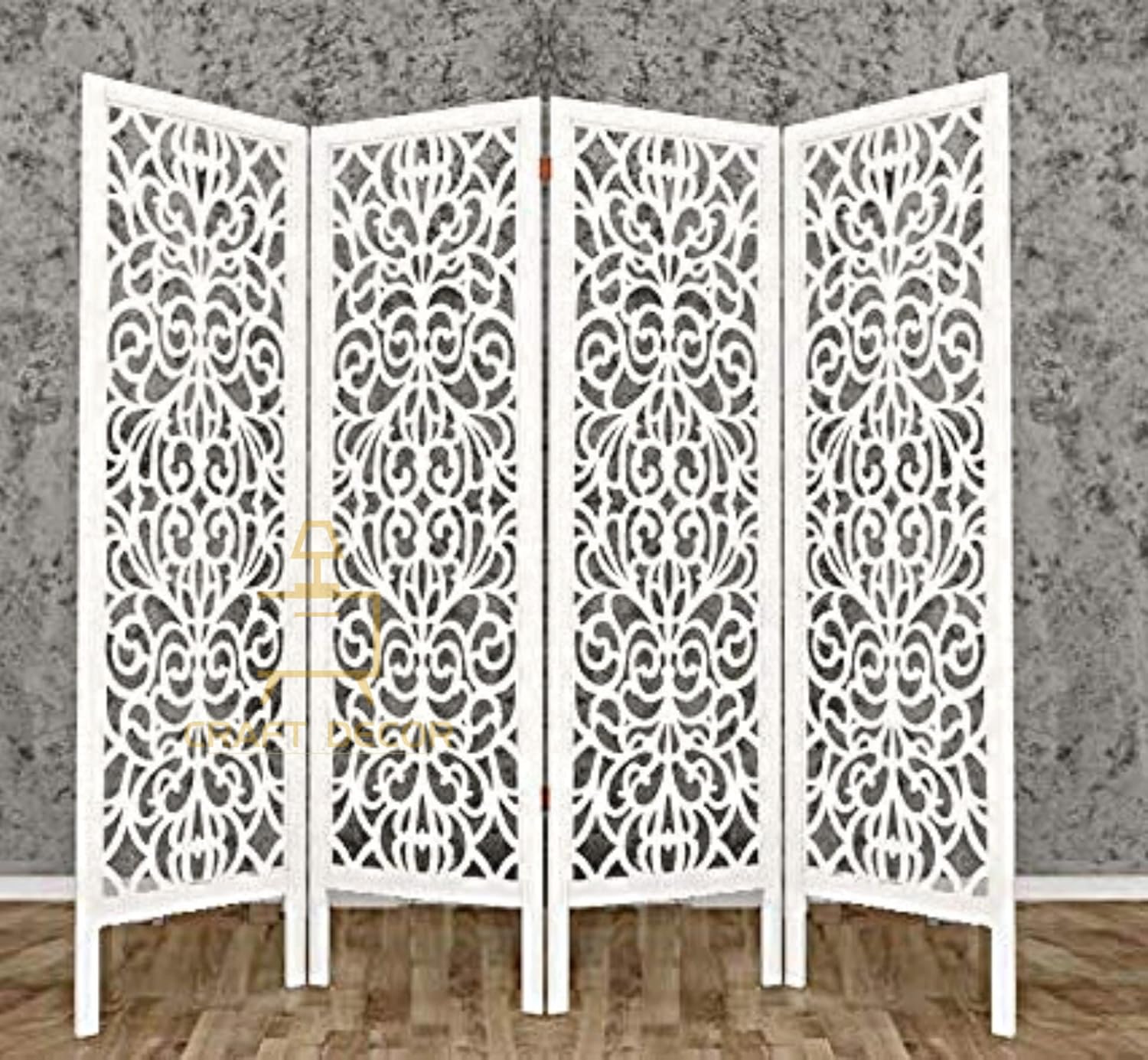 CRAFT DECOR Wooden Partition for Living Room, Wood Screen Separators, Wooden Room Wall Divider 4 Wall Panels, Folding Screen for Living Rooms/Bedroom/Office/Restaurant/Pooja (White)