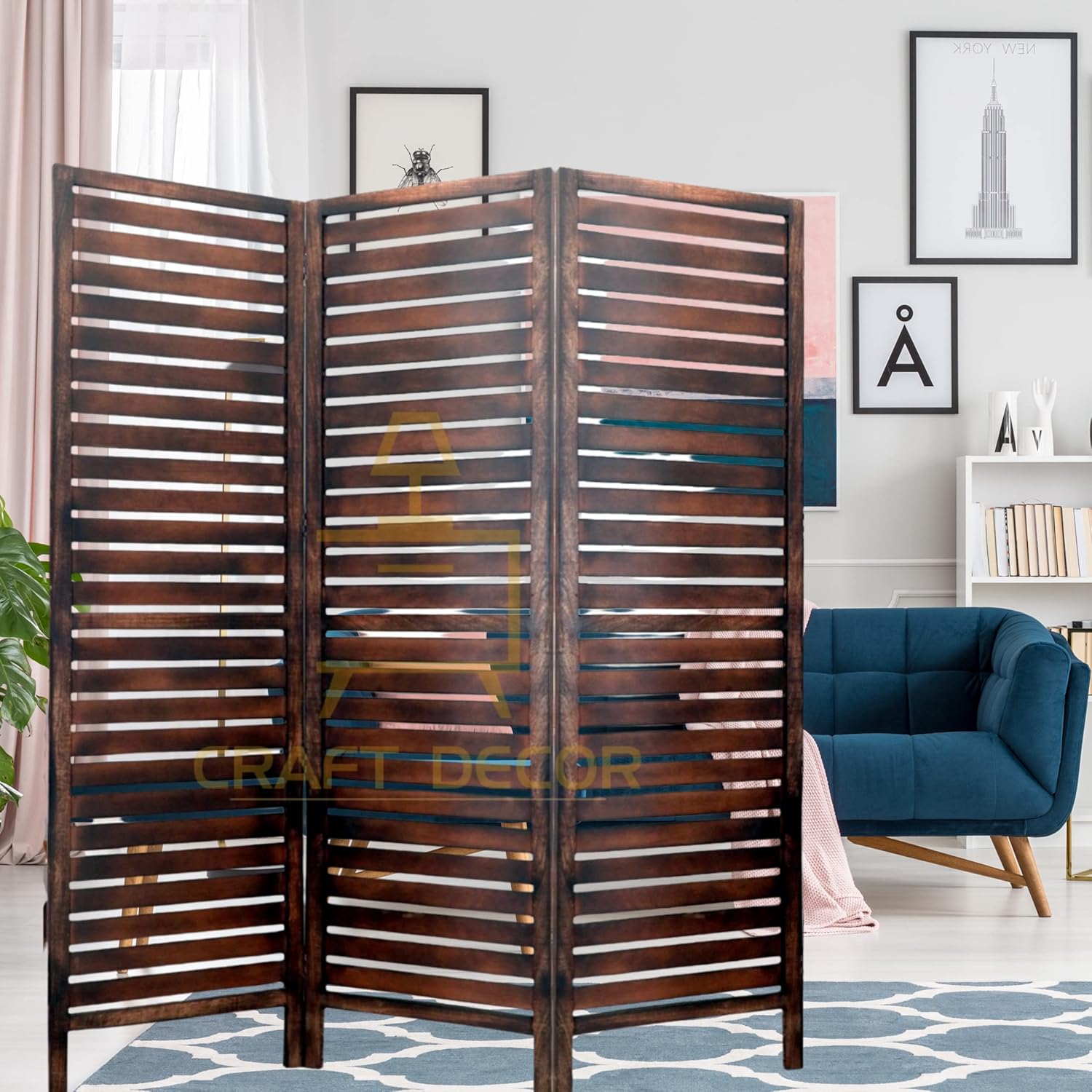 CRAFT DECOR Wooden Room Partition for Living Room/Wood Screen Separator & Room Divider 3 Panels for Living Room/Bedroom/Office/Restaurant(Brown)