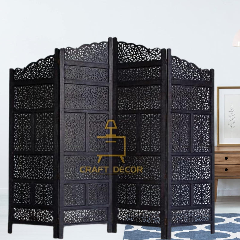 CRAFT DECOR Wooden Room Partition for Living Rooms/Wood Screen Separator & Room Divider 4 Panels for Living Room/Bedroom/Office/Restaurants/Pooja Room(Black)