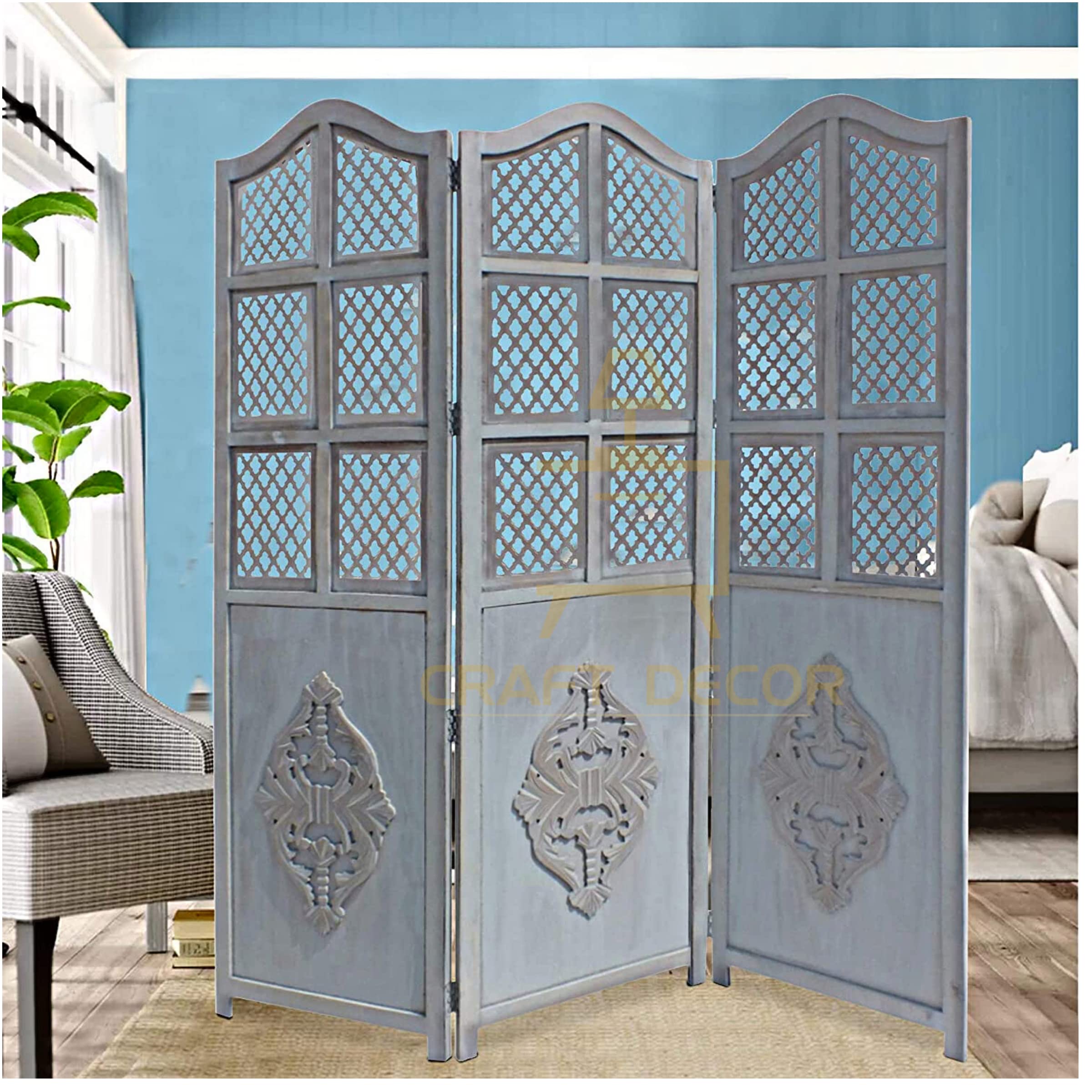 CRAFT DECOR Wooden Room Divider Partition for Living Rooms, Wood Screen Separator and Wooden Wall Dividers 3 Folding Wall Panels Antique Look for Living Room/Bedroom/Office/Restaurant (Grey)