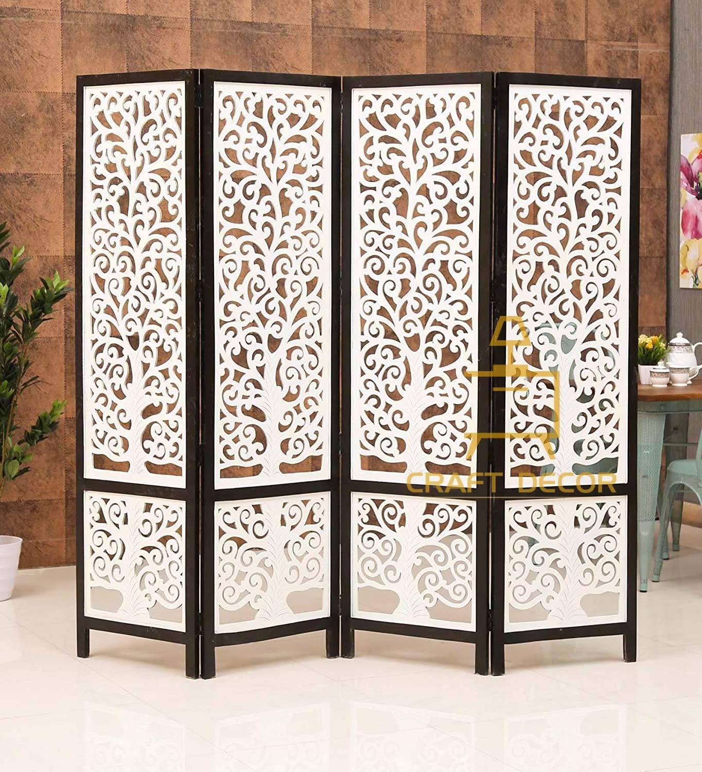 CRAFT DECOR Wooden Partition Screen Separator || Room Divider Traditional Handicrafts 4 Panels for Living Room, Bedroom, Office and Restaurant (Black & White)