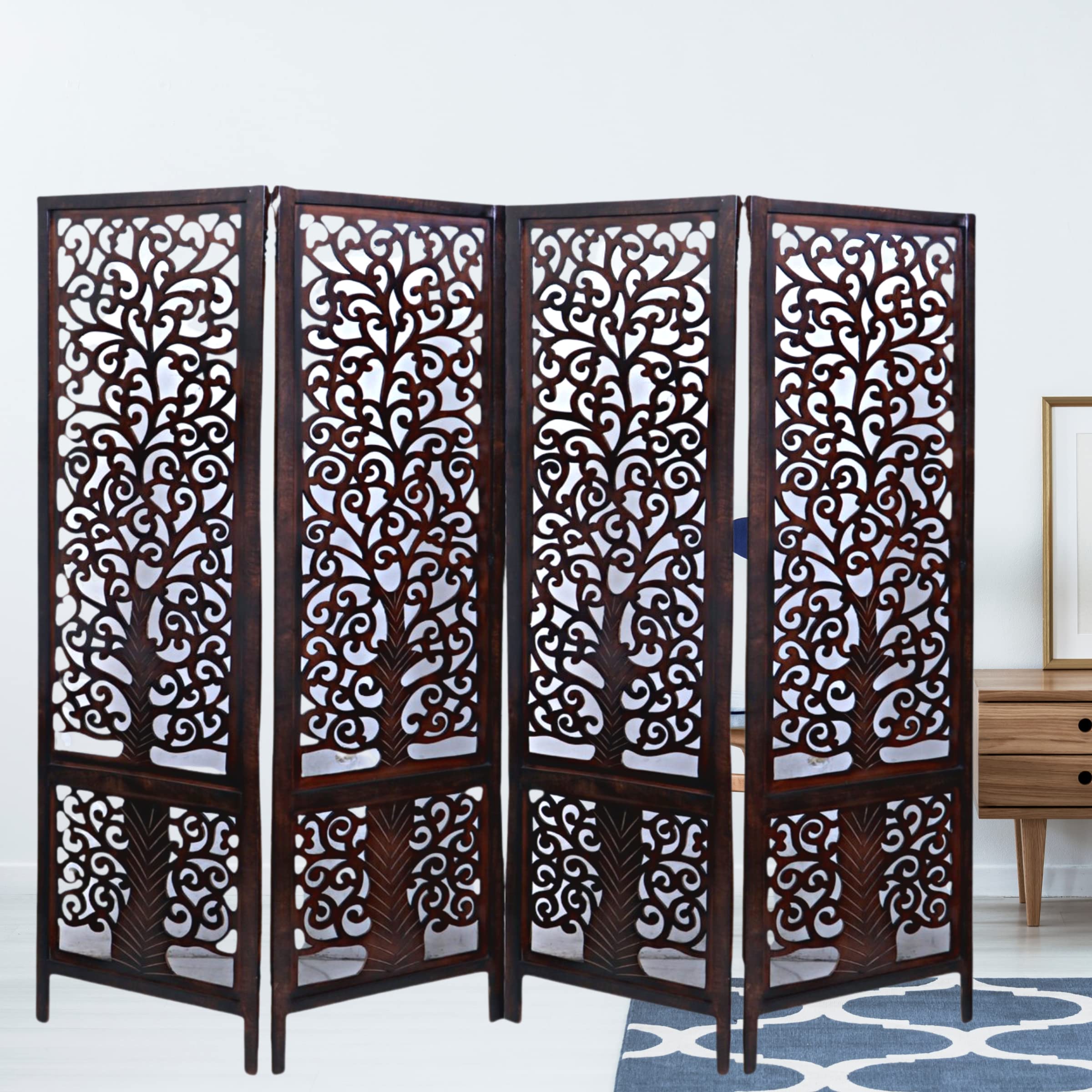 CRAFT DECOR Wooden Room Divider |Wooden Partition for Living Room |Wooden Room Separator | Room Wall Divider |Screen Separator for Living Room/Bedroom/Office/Mandir (4 Panel (72x80), Sheesham Shade)