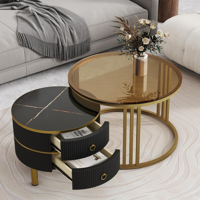 Round Nesting Coffee Table with Tempered Glass, Marble Top & Drawers