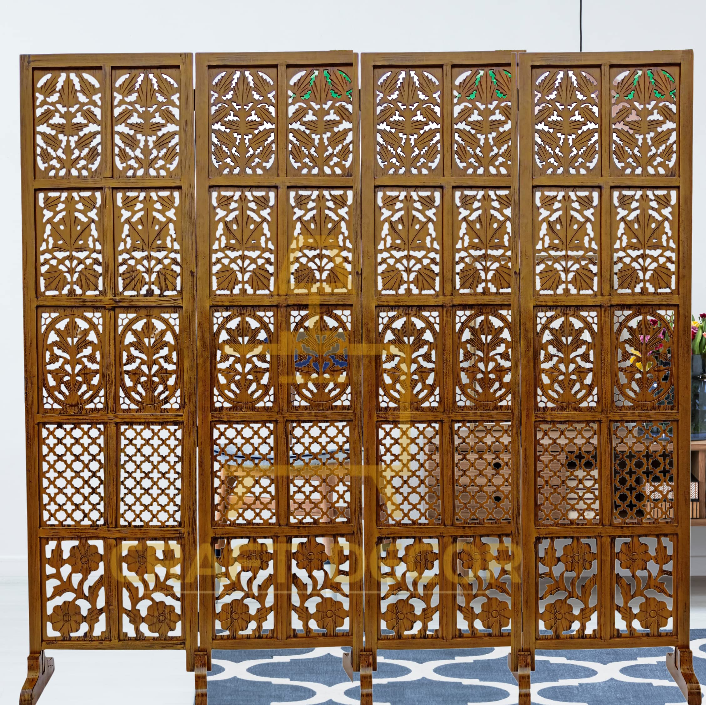 CRAFT DECOR Wooden Room Partition for Living Room, Wood Screen Separator and Wooden Room Dividers, Studio Wall Panel 6 Feet for Living Room/Bedroom/Office/Restaurant/(Teak) (4 Panels with Stands)