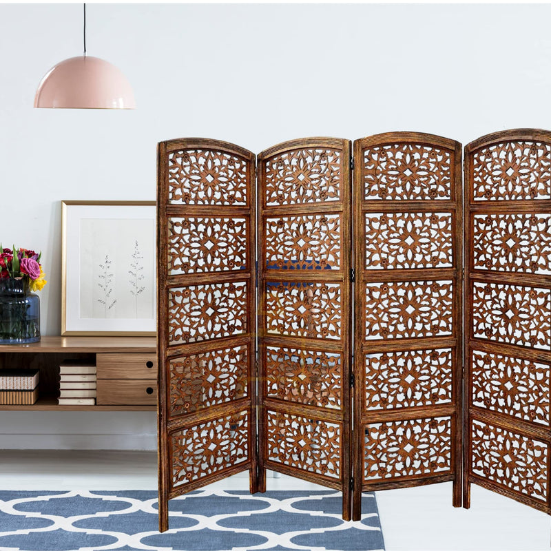 CRAFT DECOR Wooden Partition for Living Rooms, Wood Screen Separators, Wooden Room Wall Dividers 4 Wall Panels, Folding Screen for Living Room/Bedroom/Office/Restaurant/Pooja Room (Natural Finish)