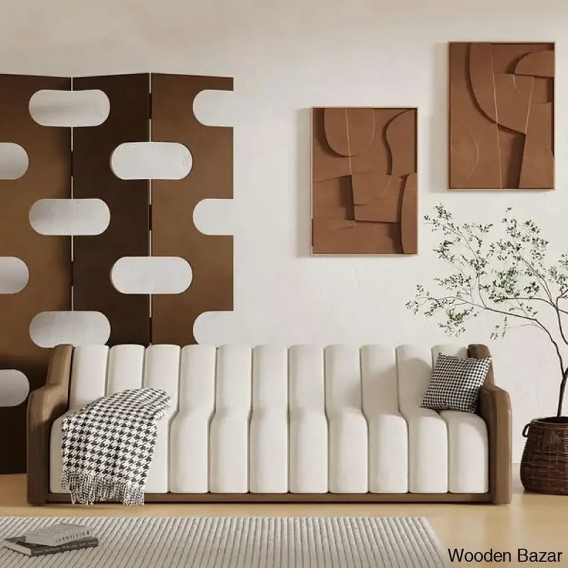 94.5" Modern White 3 Seater Fluted Velvet Upholstered Sofa Walnut Leather Arm - Wooden Bazar