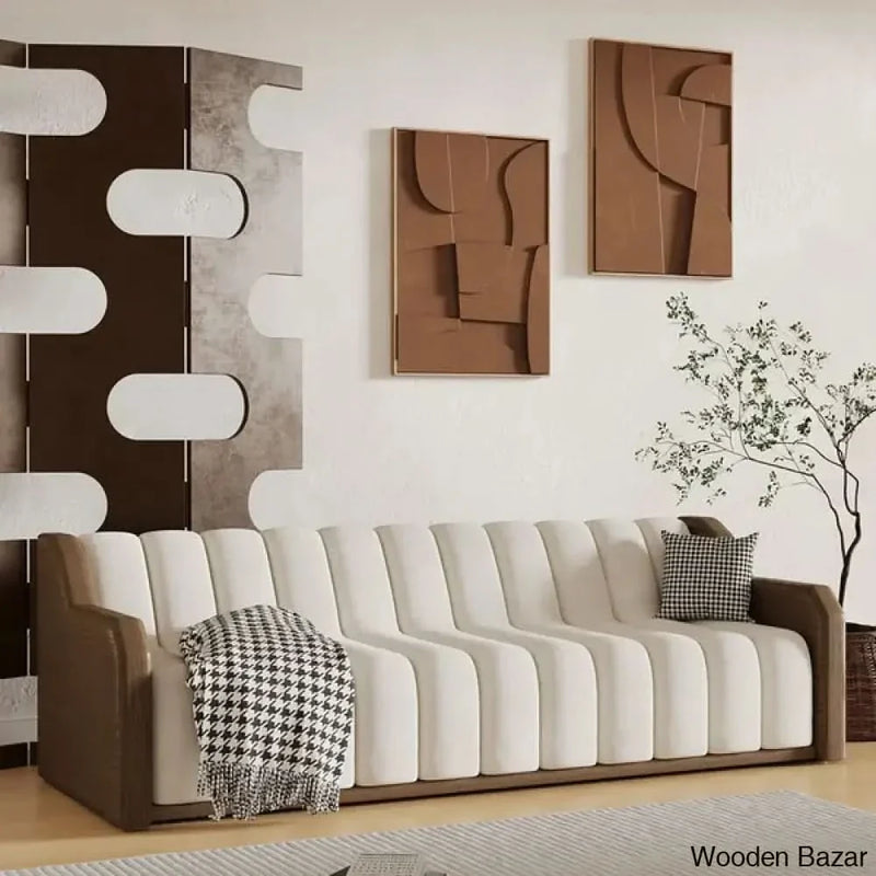94.5" Modern White 3 Seater Fluted Velvet Upholstered Sofa Walnut Leather Arm - Wooden Bazar