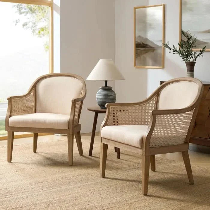 Solid Wood Armchairs with Rattan Back – Set of 2