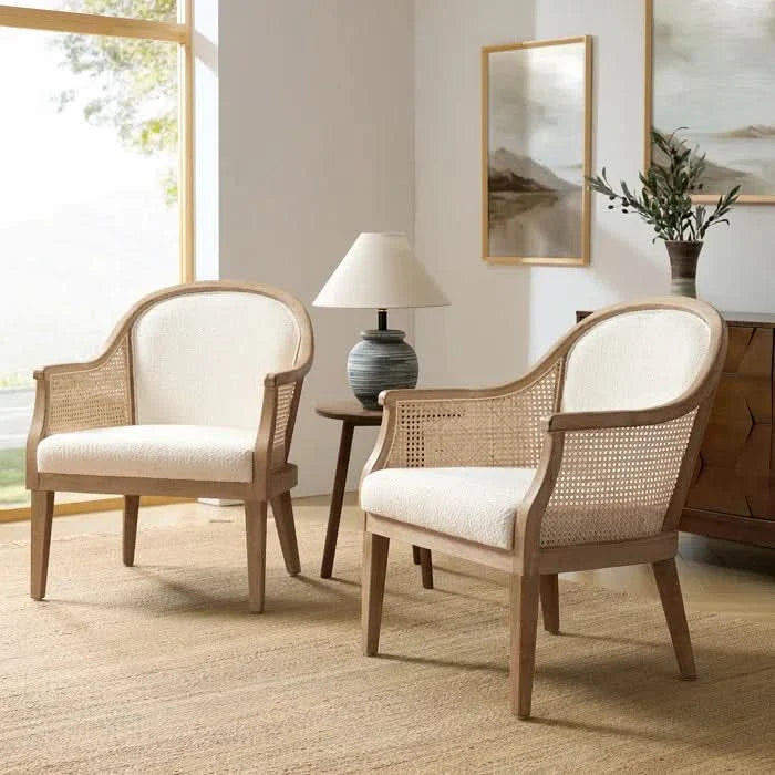 Solid Wood Armchairs with Rattan Back – Set of 2