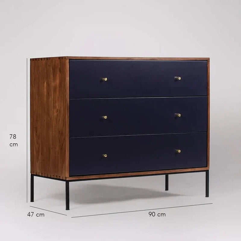Modern Sheesham Wood 3-Drawer Chest with Midnight Blue Front & Metal Legs