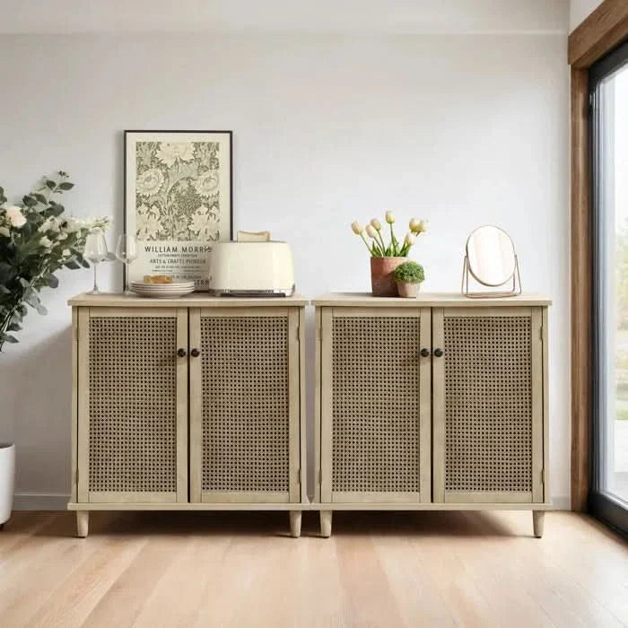 63'' Wide 4 - Cane Rattan Door Storage Sideboard with Solid Wood Legs