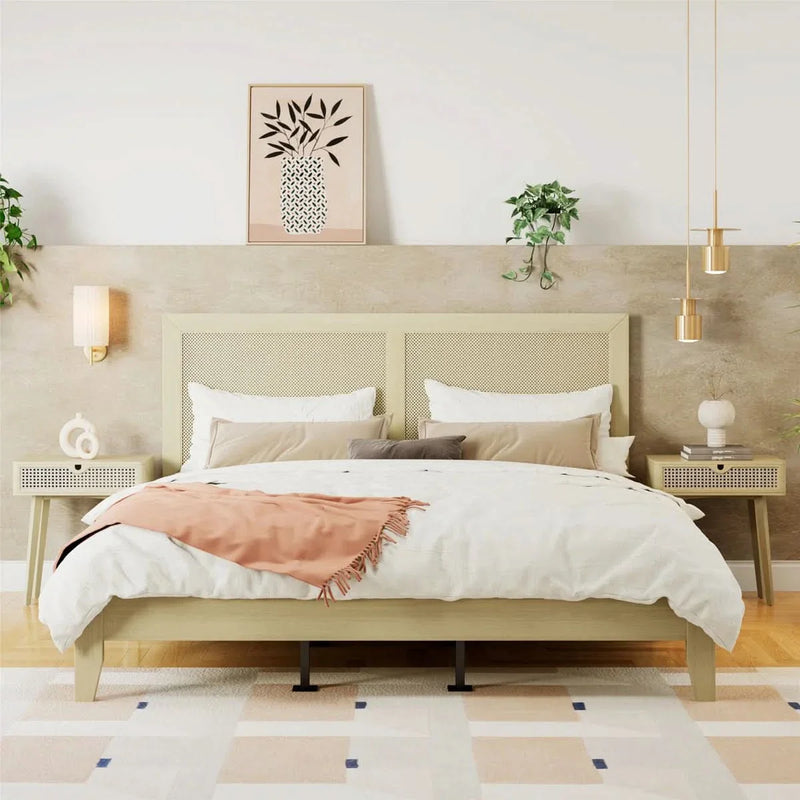 Woven Rattan Cane Bed – Solid Wood Frame with Elegance