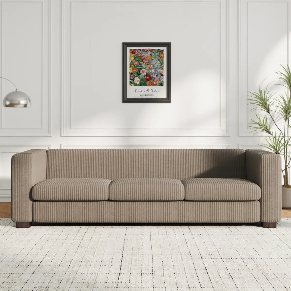 Bernal Upholstered 3-Seater Sofa With Wooden Frame & Cup Holders