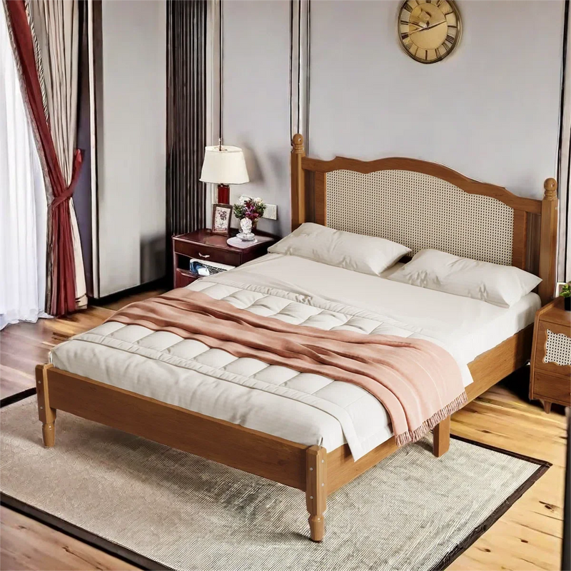 Wooden Platform Bed With Natural Rattan Headboard And Arc Design