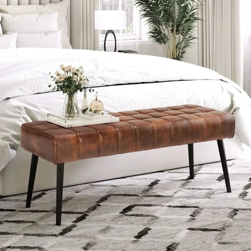 Janister Whiskey Brown Upholstered Bench with Tufted Design and Black Metal Legs