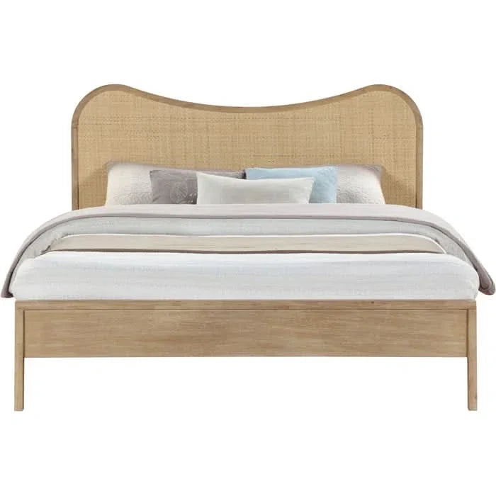 Solid Wood Cane Bed – Natural Rattan Panel with Sturdy Wooden Frame
