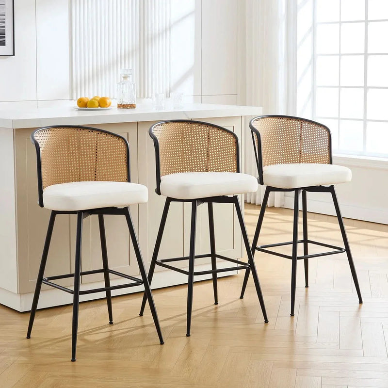 Cane Back Swivel Upholstered Stool (Set of 3)