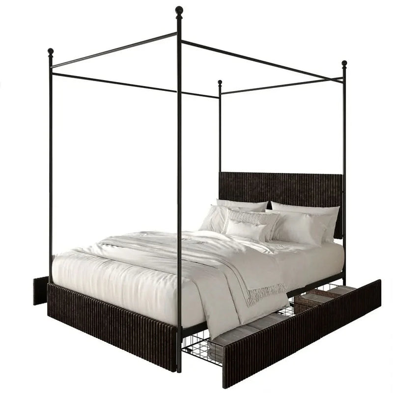 WoodenBazar Luxury Metal Canopy Bed with Velvet Upholstery & Storage Drawers – Modern Elegance