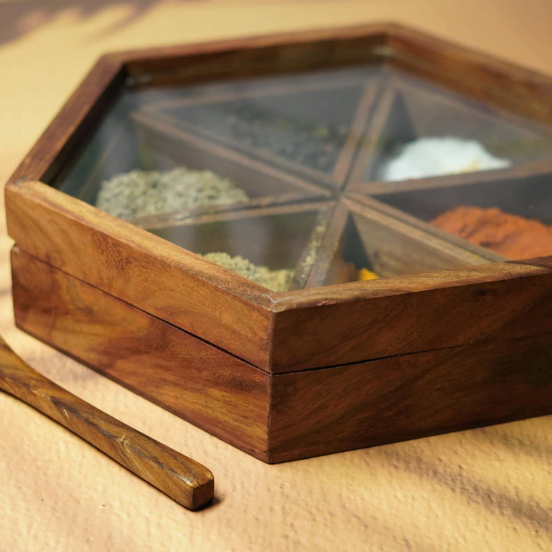 Hexagon Wooden Spice Box with Glass Lid and Spoon