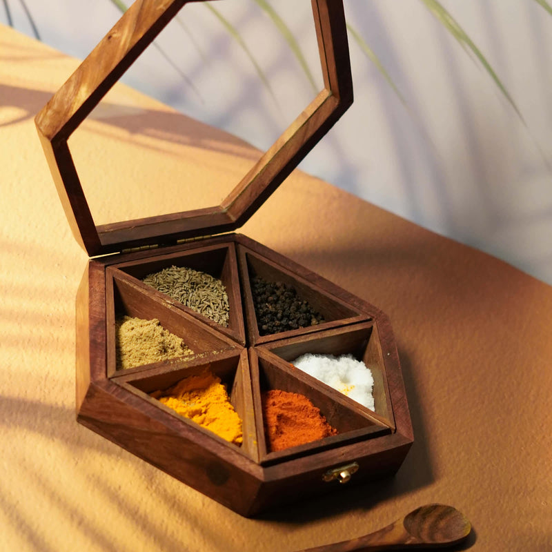 Hexagon Wooden Spice Box with Glass Lid and Spoon