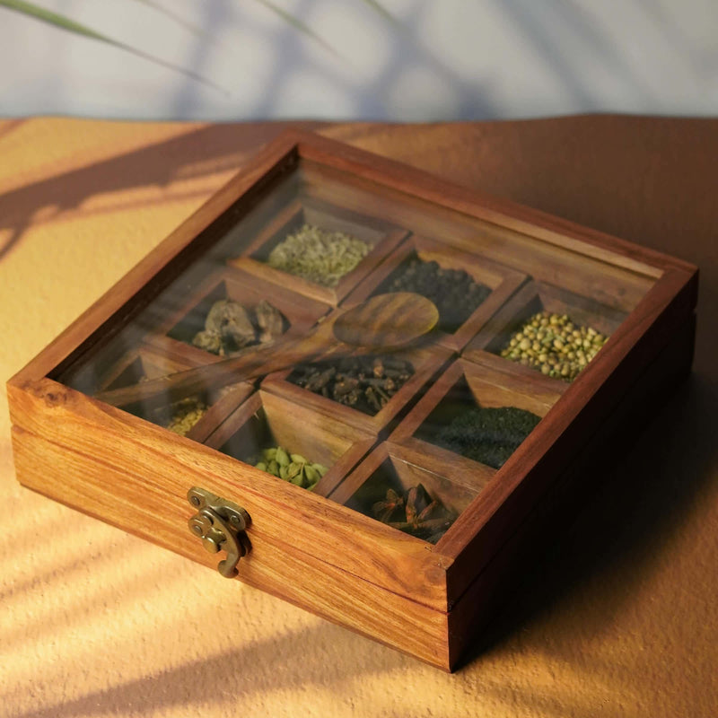 Wooden Spice Box with 9 Compartments and Spoon