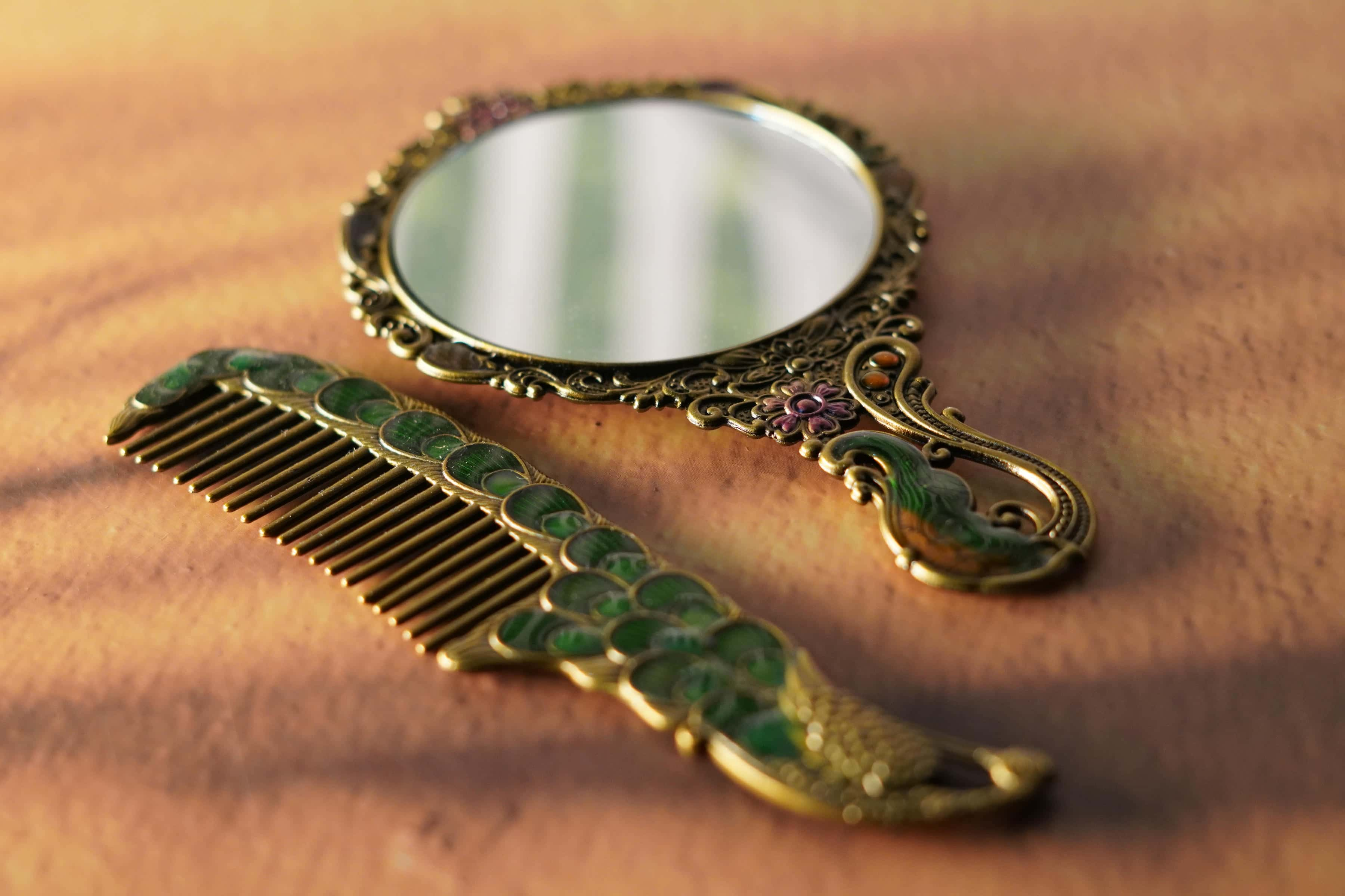 Vintage Peacock Hand Mirror and Comb Set